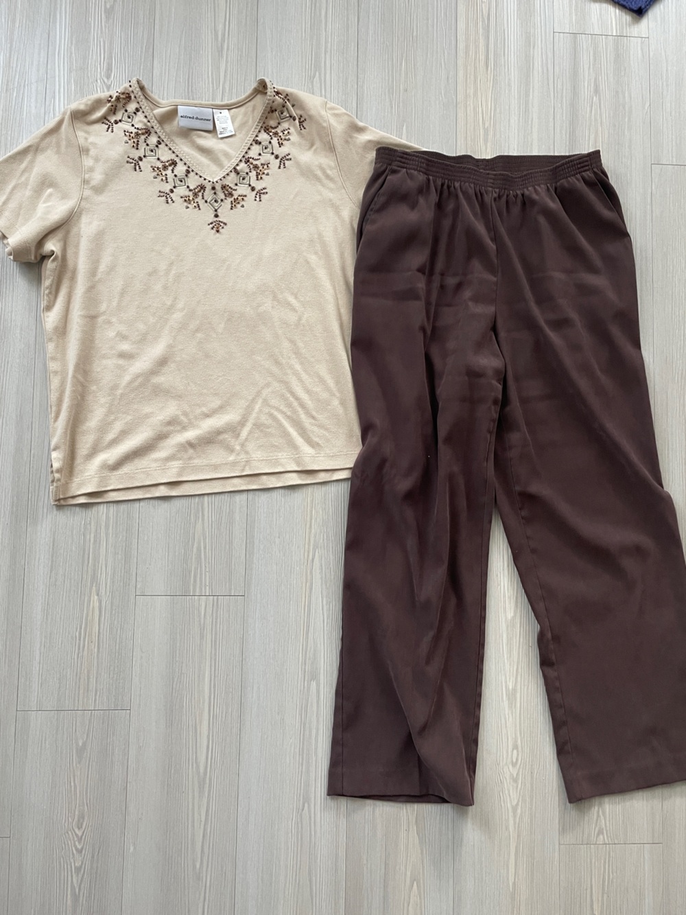 Alfred Dunner Set Brown Elastic-Waist Straight-Leg Track Pants and Beaded Top